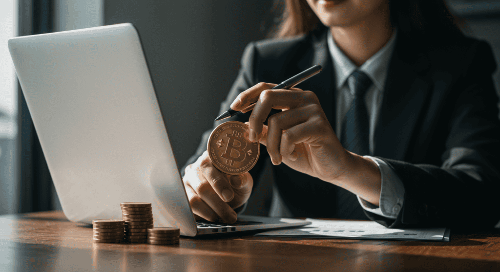 Person holding bitcoin near laptop with stacked coins.