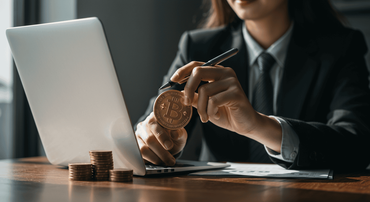 Person holding bitcoin near laptop with stacked coins.