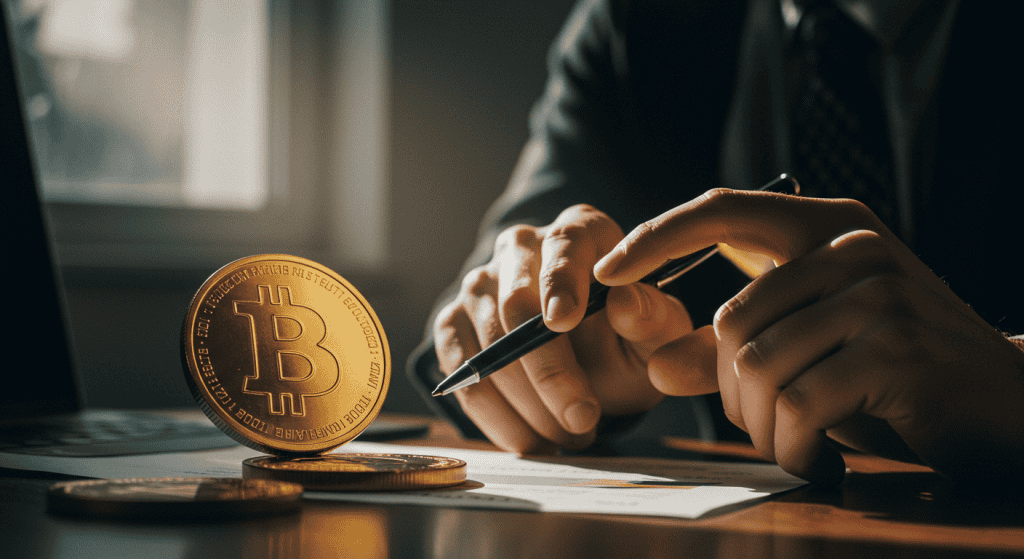 Businessman analyzing cryptocurrency investments with Bitcoin coin.