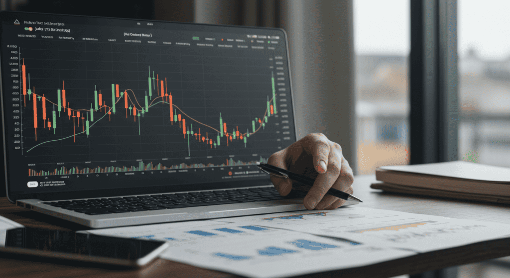 Analyzing financial charts on a laptop screen.