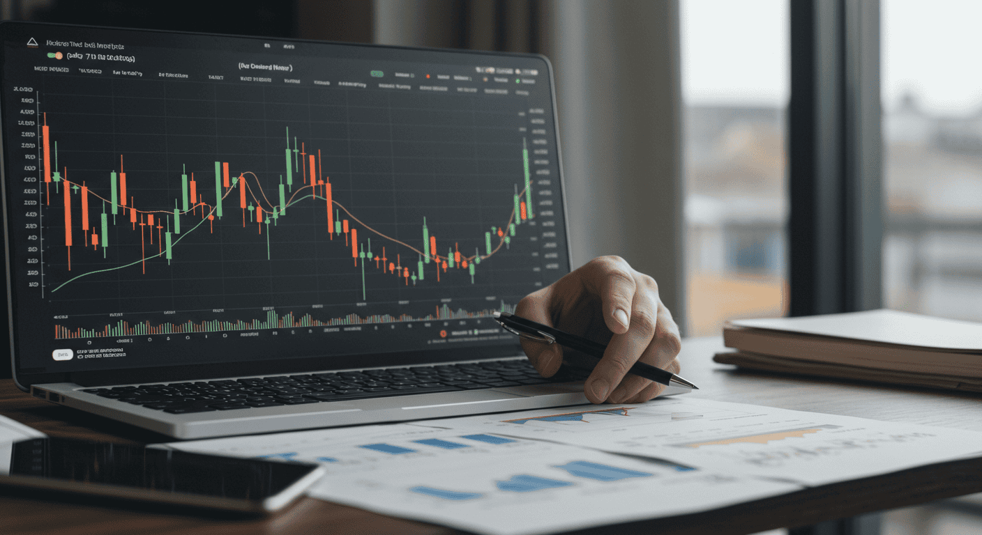 Analyzing financial charts on a laptop screen.