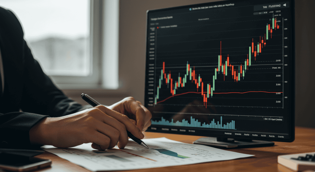 Analyzing financial charts on computer and paper