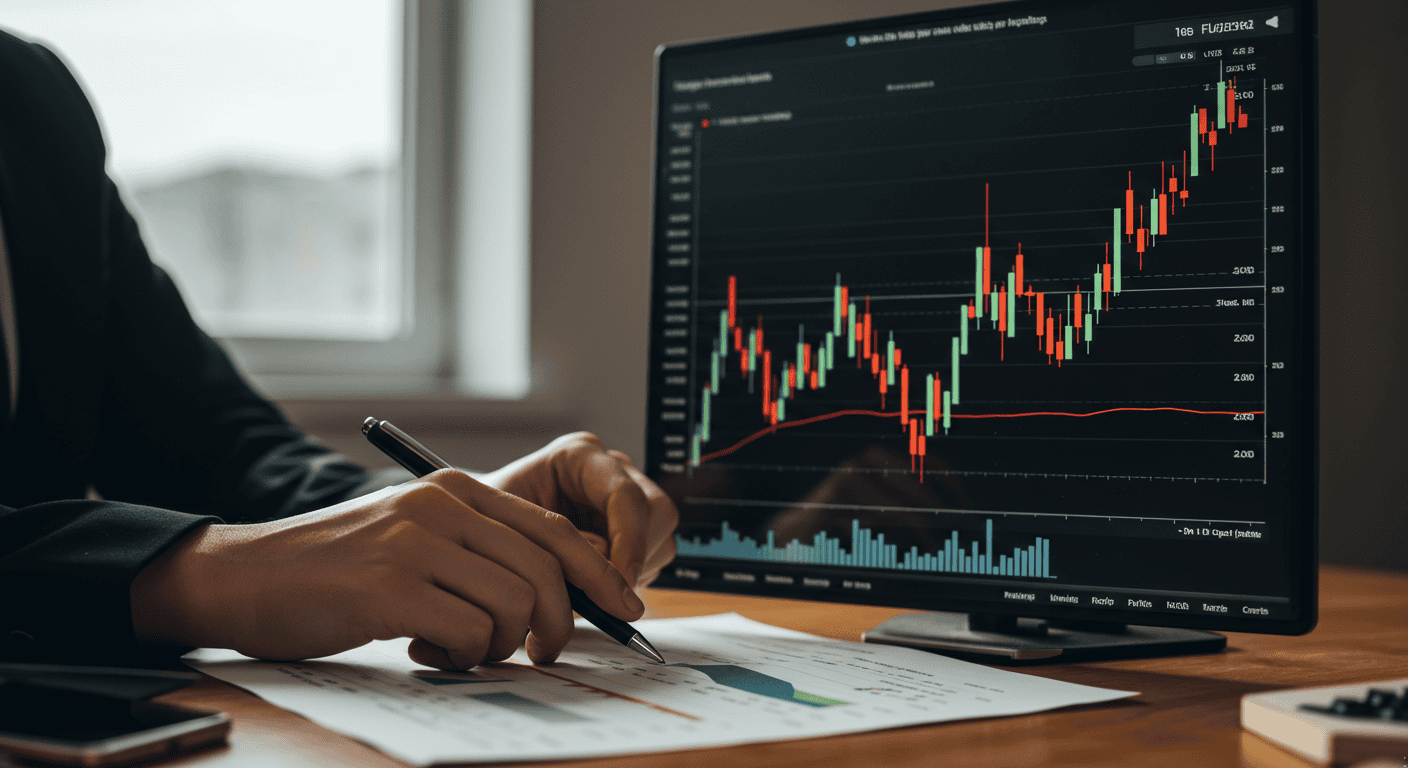 Analyzing financial charts on computer and paper