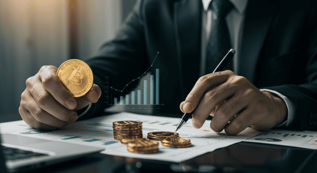 Hand holding Bitcoin with financial charts.