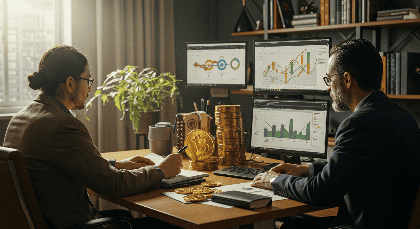 Analyzing cryptocurrency data with charts and Bitcoin coins.