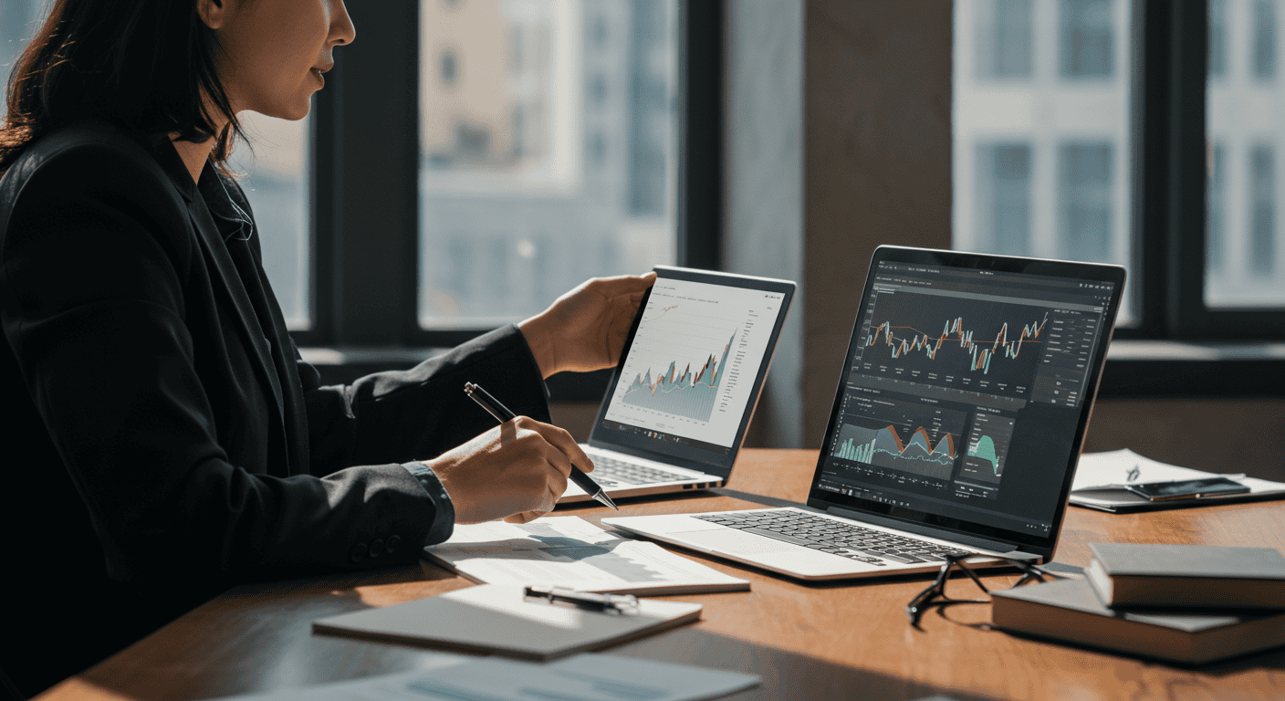 Analyzing data charts on laptops in office.