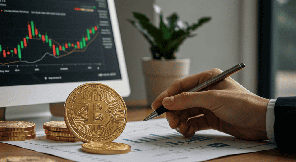 Bitcoin and financial chart analysis on computer screen