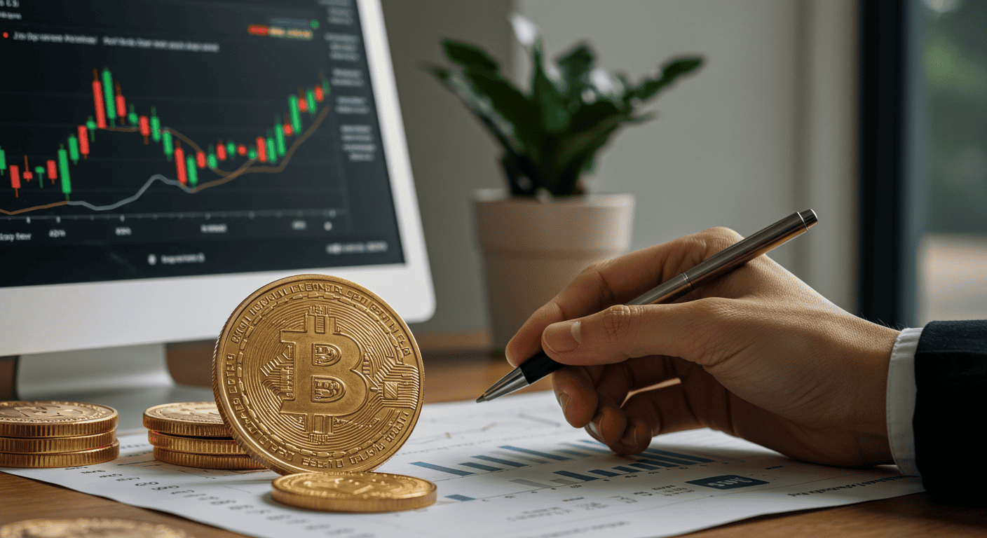 Bitcoin and financial chart analysis on computer screen