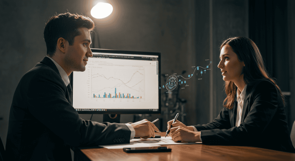 Business meeting discussing cryptocurrency trends on computer