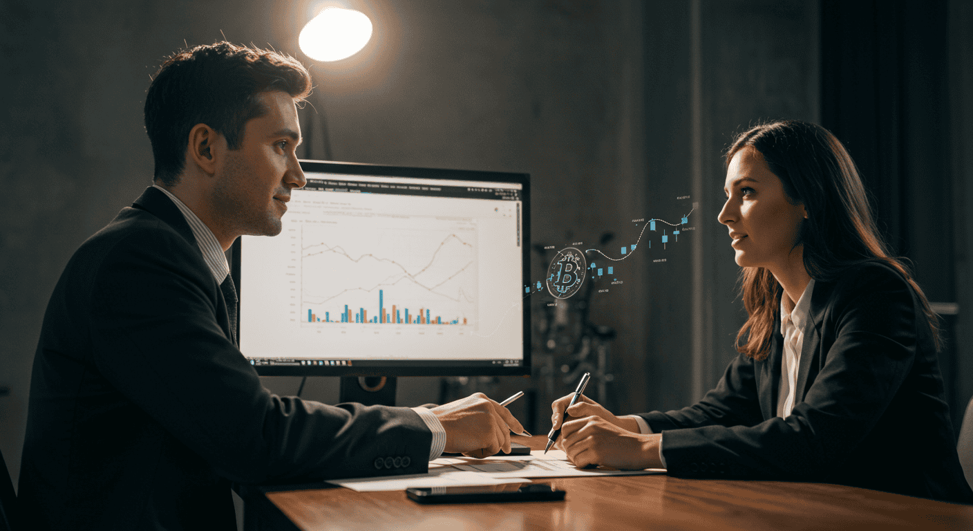 Business meeting discussing cryptocurrency trends on computer