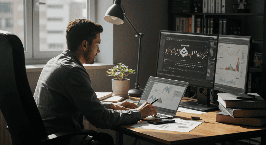 Man analyzing financial graphs on computer screens.