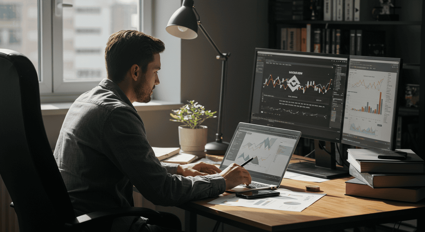 Man analyzing financial graphs on computer screens.