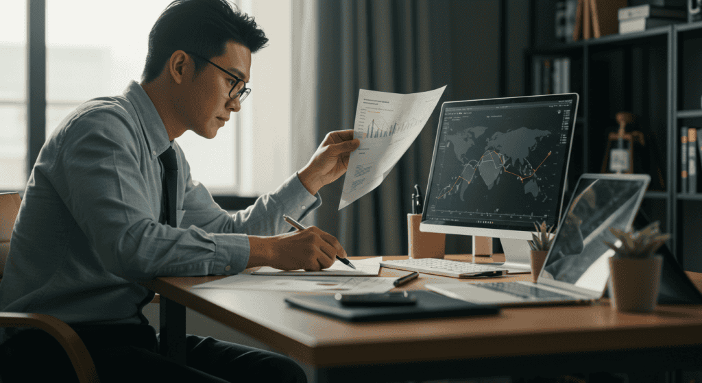 Man analyzing data on computer and paper charts.