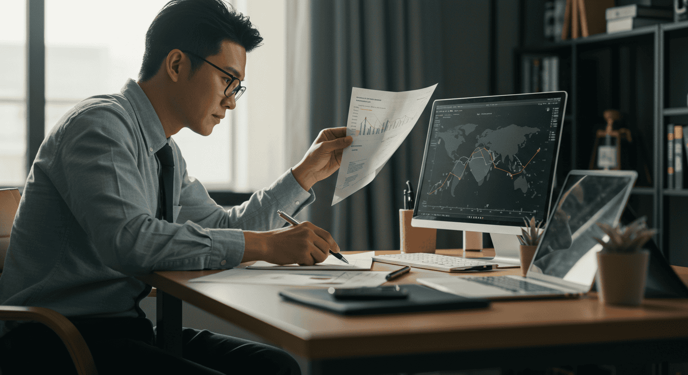 Man analyzing data on computer and paper charts.
