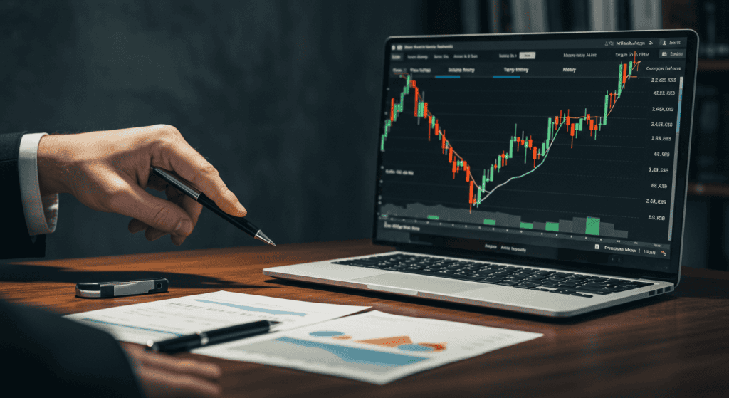 Analyzing stock market chart on laptop screen.