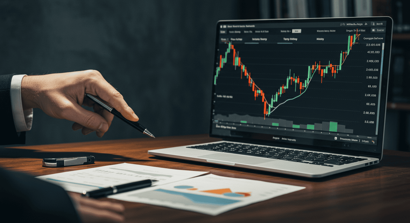 Analyzing stock market chart on laptop screen.