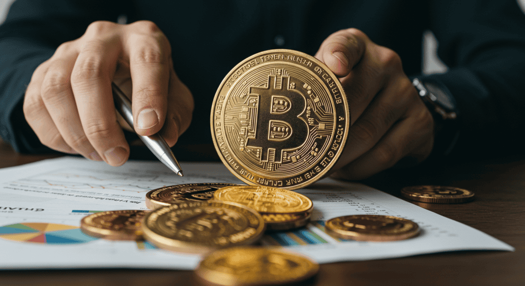 Person holding Bitcoin over financial report.