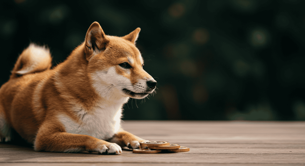 Shiba Inu lying beside gold coins on wood deck.