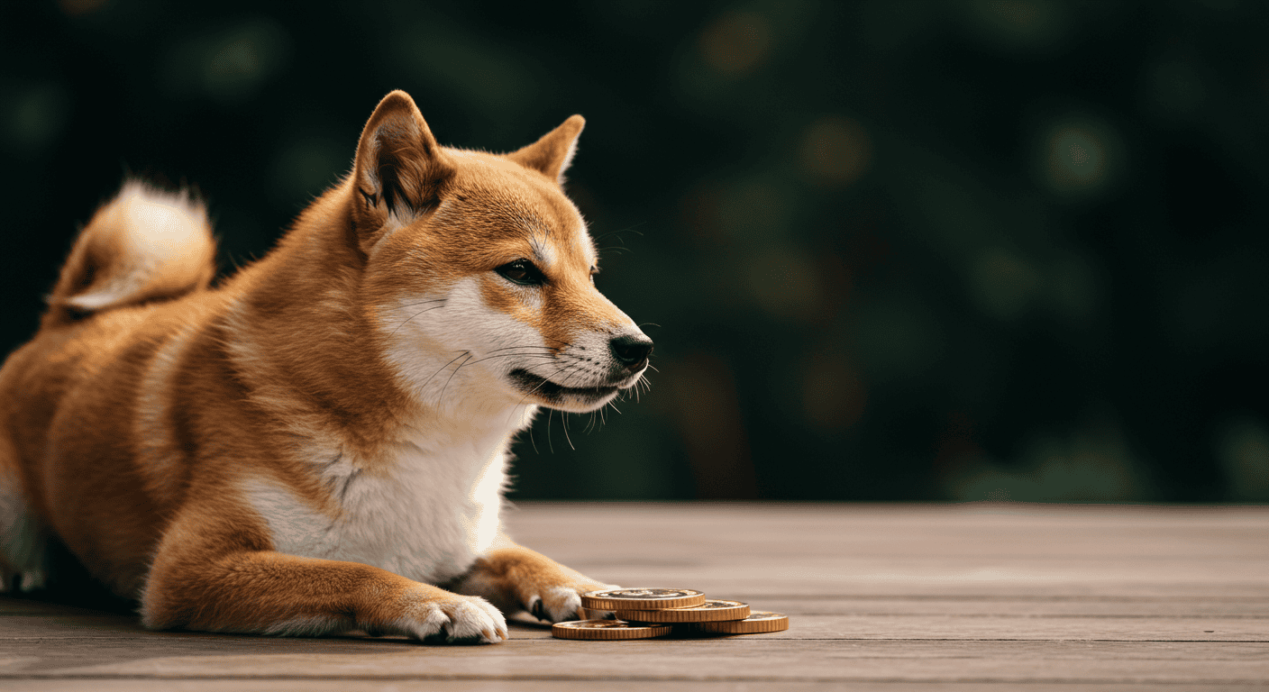 Shiba Inu lying beside gold coins on wood deck.