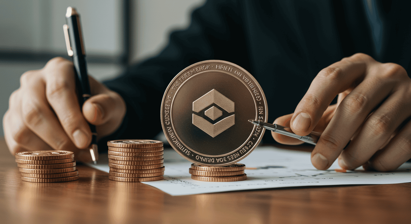 Hands holding stack of cryptocurrency coins.