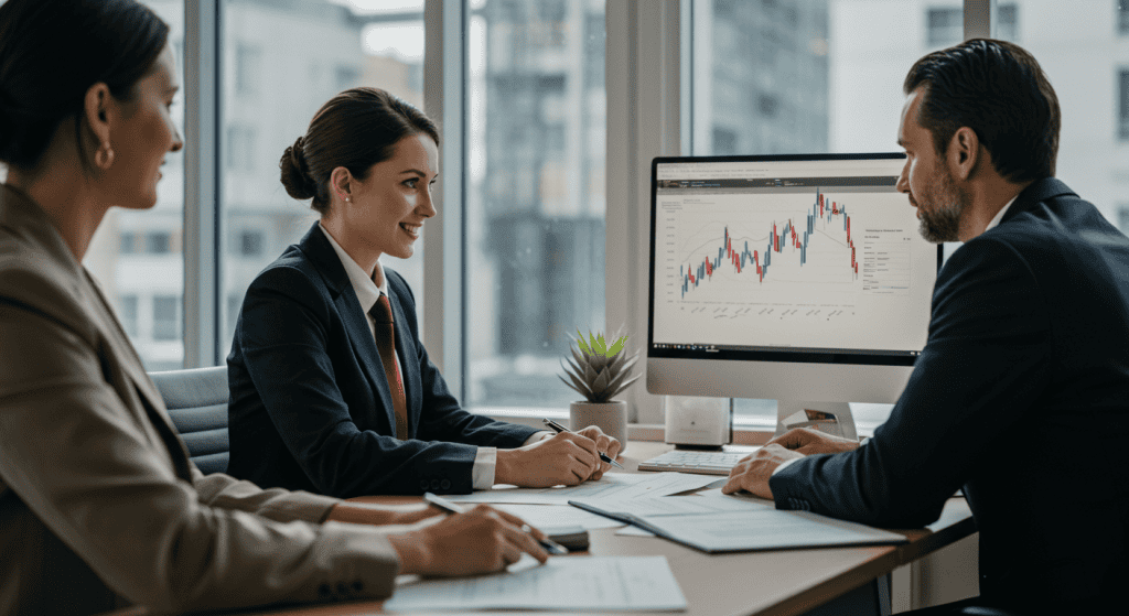 Business meeting discussing financial chart on computer.