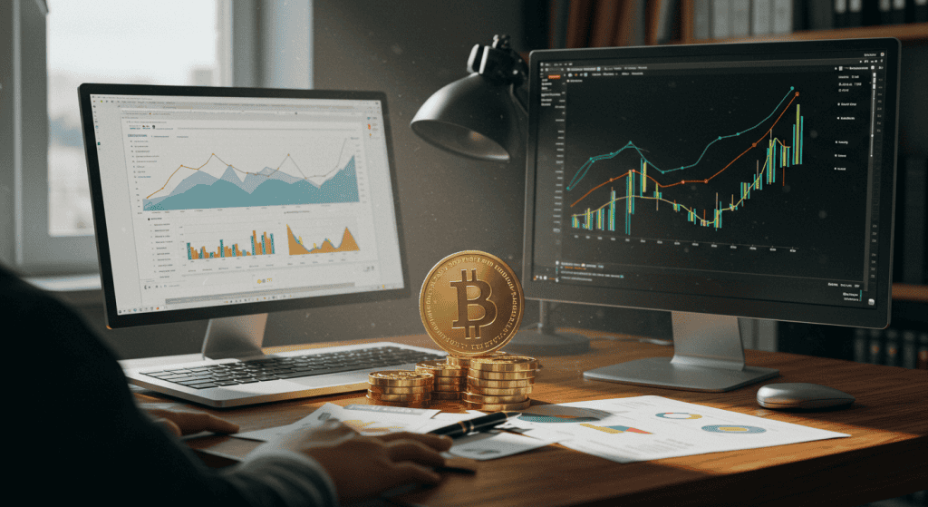 Cryptocurrency and stock market analysis on computer screens.