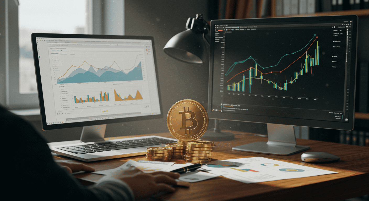 Cryptocurrency and stock market analysis on computer screens.