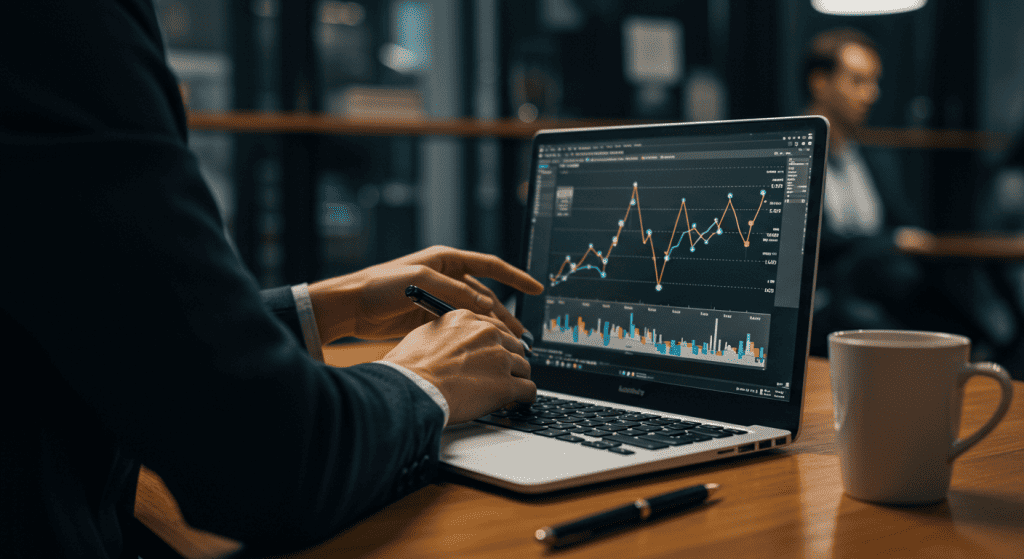 Person analyzing financial graphs on laptop