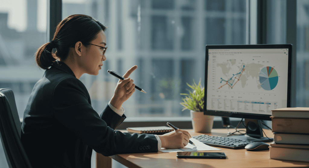 Businesswoman analyzing charts on computer at desk