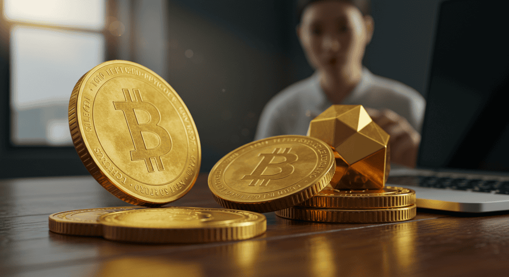 Gold bitcoin coins on wooden desk near laptop.