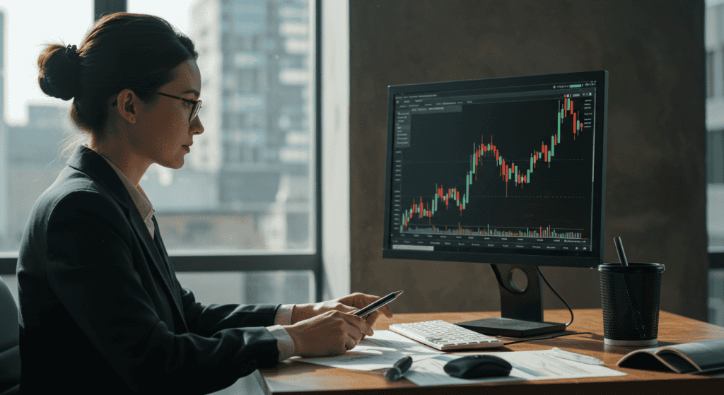Woman analyzing stock market data on computer screen.