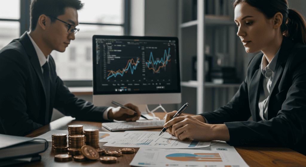 Business meeting with data charts and coins.