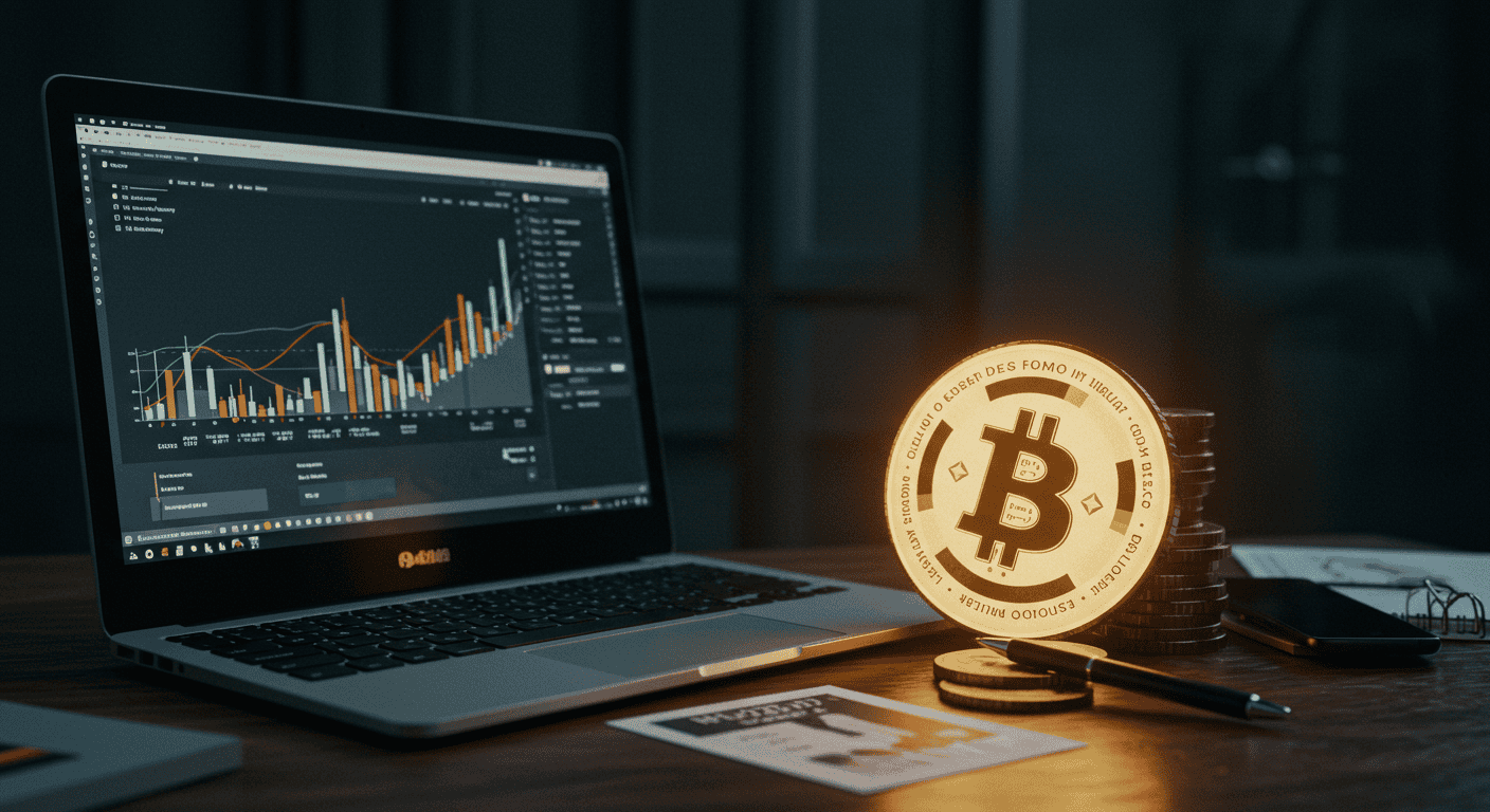 Bitcoin and cryptocurrency trading on laptop screen.