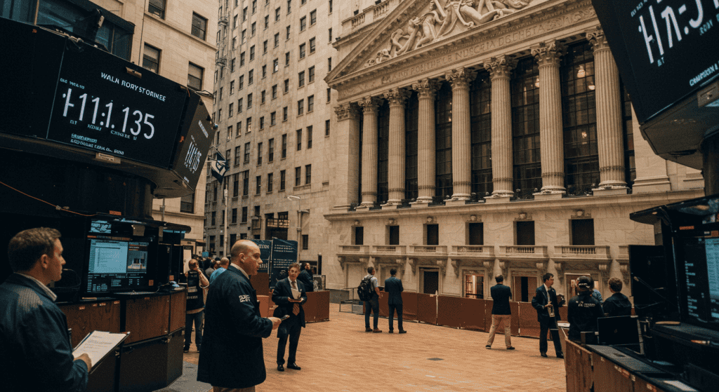 Stock exchange trading floor with people and screens.