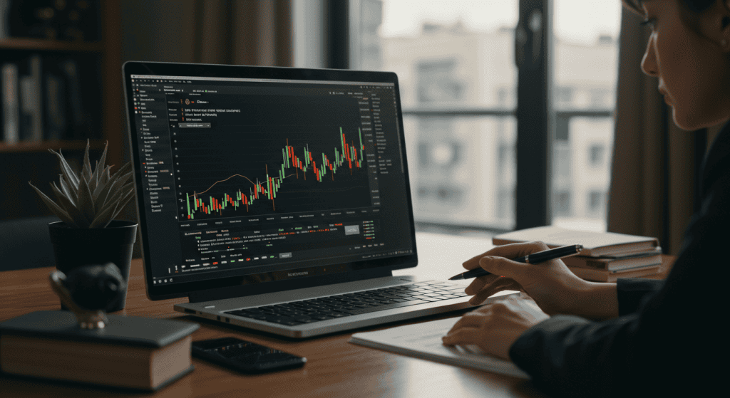 Person analyzing stock market data on laptop screen.