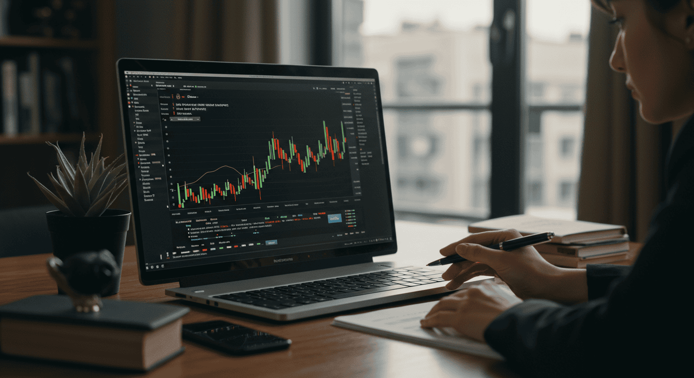 Person analyzing stock market data on laptop screen.