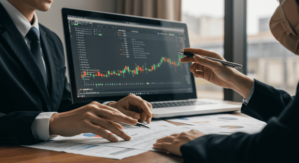Business meeting analyzing stock market graphs on laptop.