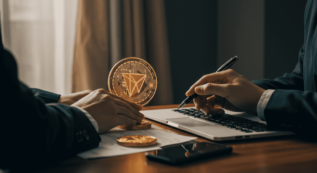 Hands holding cryptocurrency coin with laptop