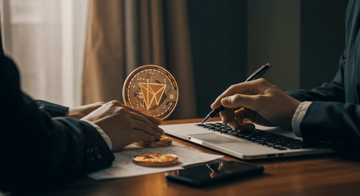 What is TRC20 ? A Guide to the TRON Network and Blockchain Protocol- TRC20 Network.png Hands holding cryptocurrency coin with laptop