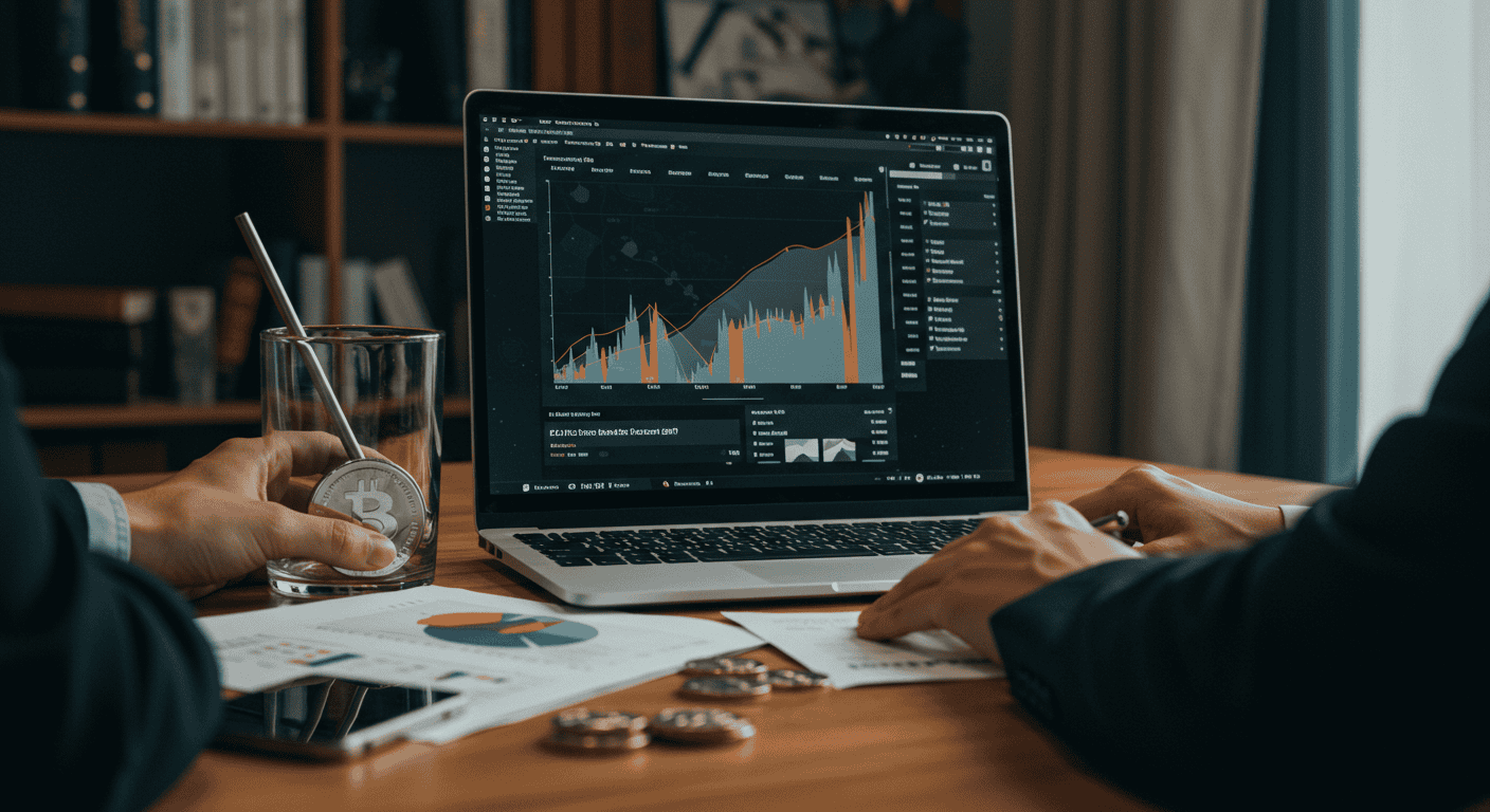 Analyzing cryptocurrency market data on laptop screen.