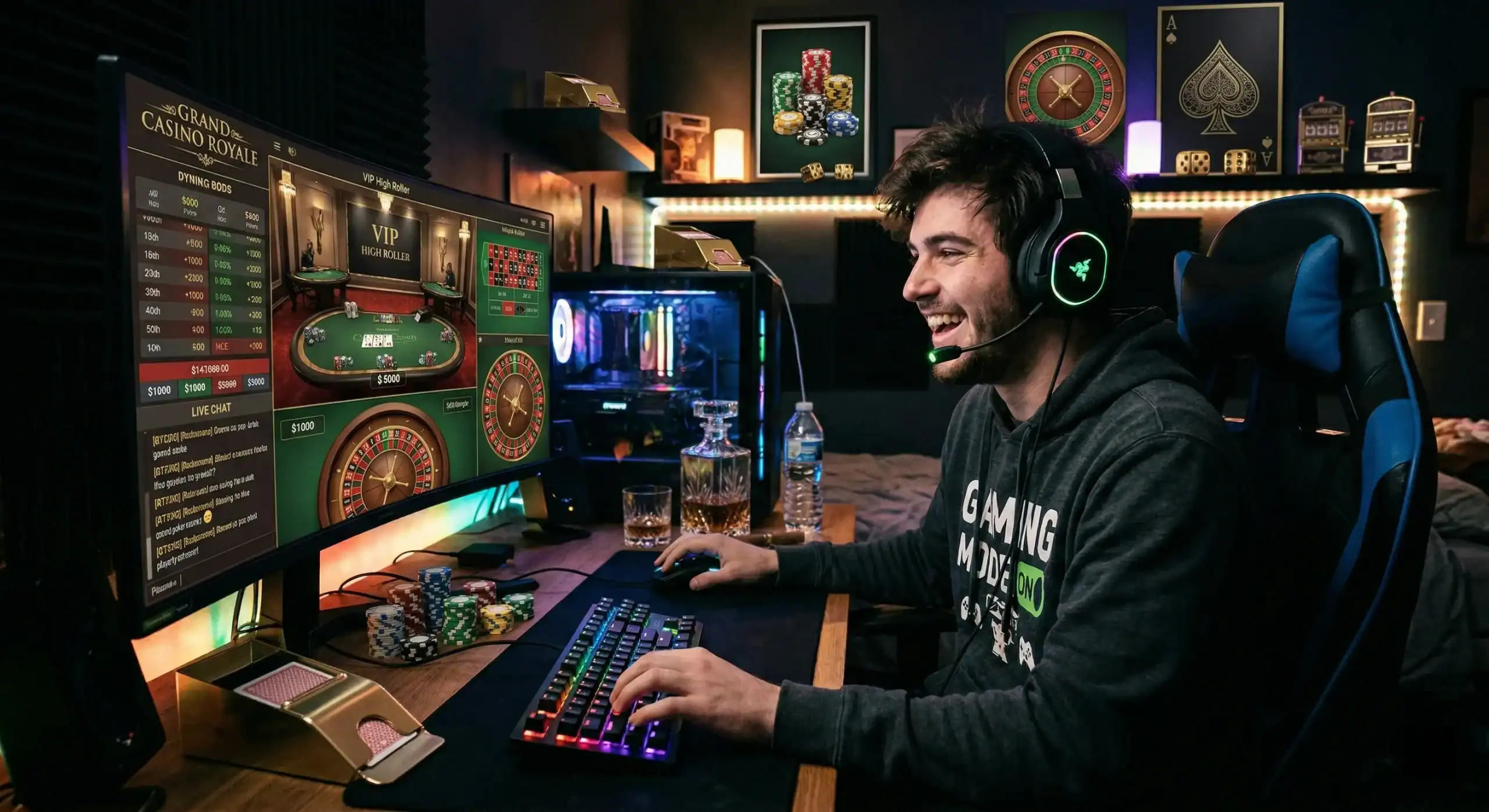Gamer playing casino games on computer.