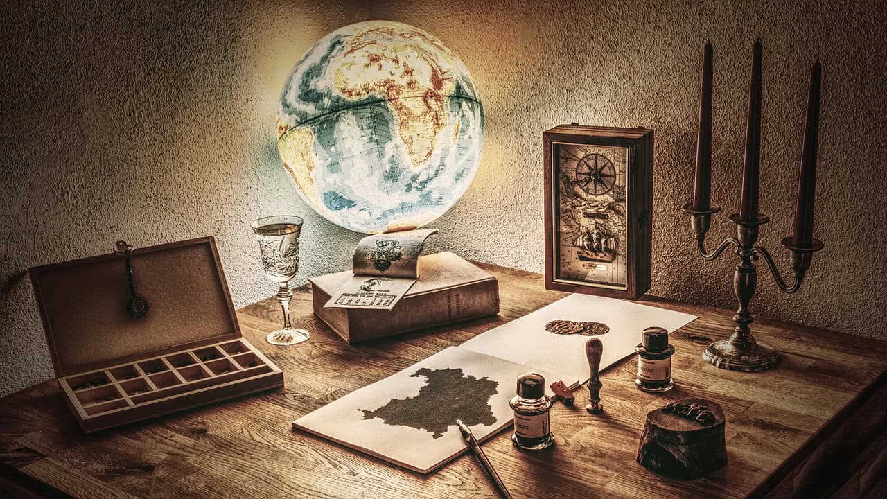 Vintage map, globe, candles on wooden desk
