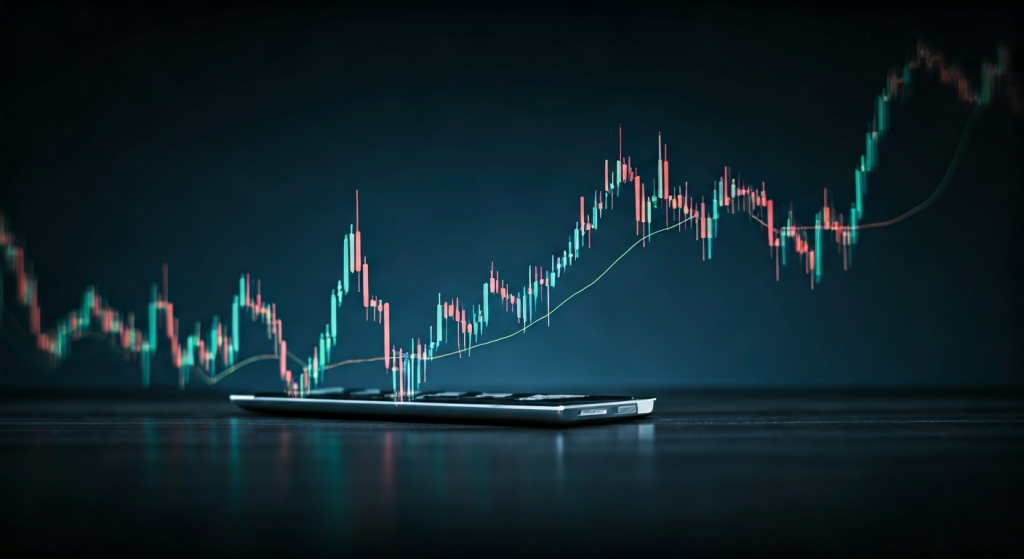 Smartphone displaying stock market candlestick chart.