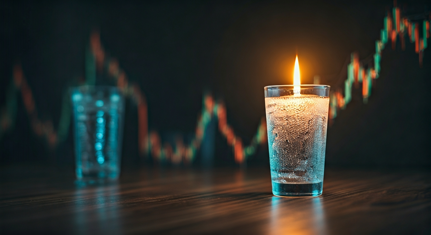 Candle in glass with stock market graph background.