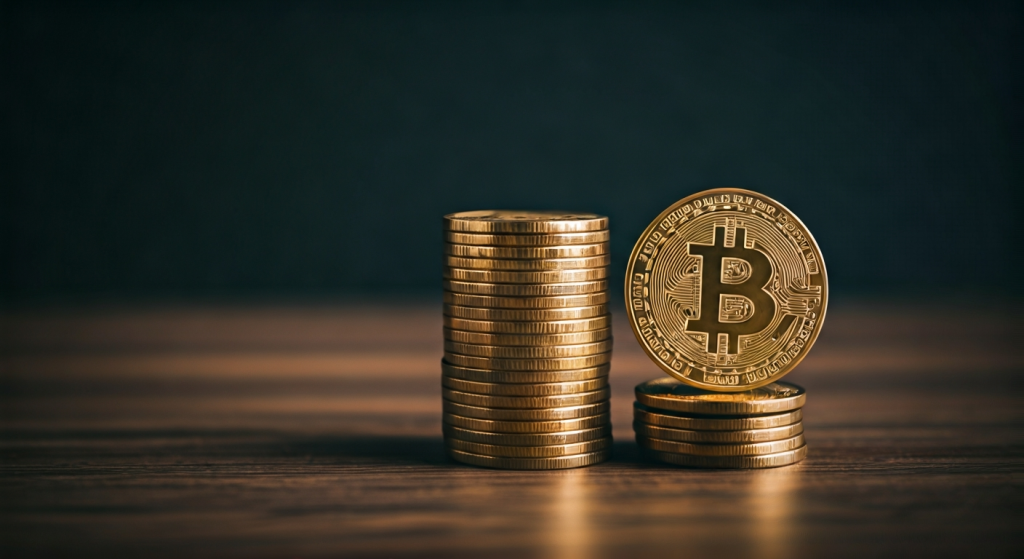 Stacked bitcoins on wooden table