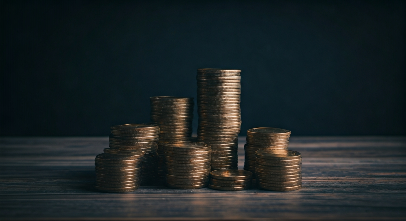 Stacks of coins on wooden table