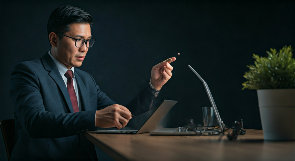 Businessman working at a desk with laptop.