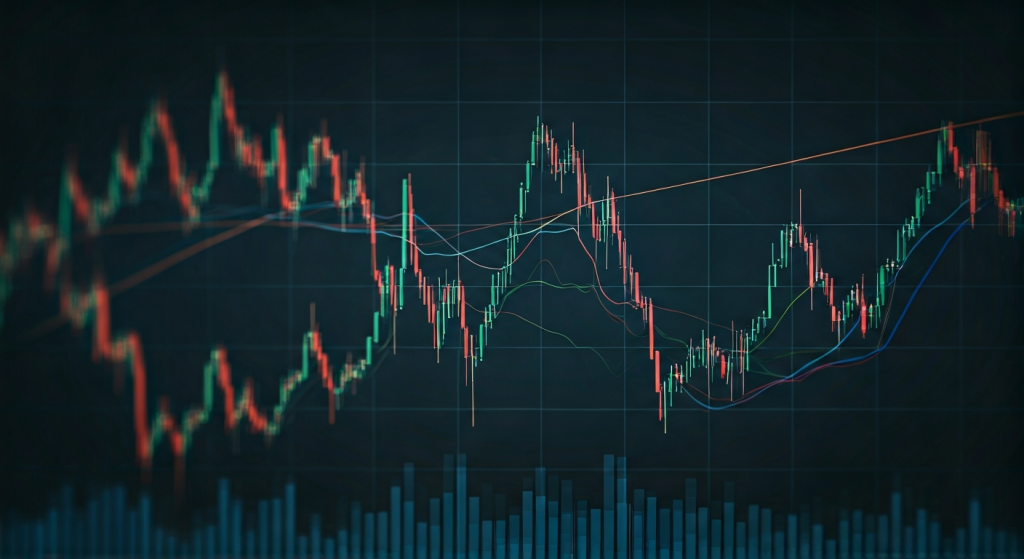 Stock market candlestick chart with trend lines