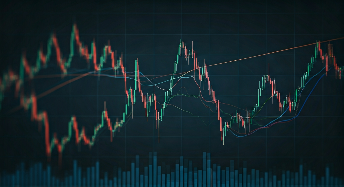 Stock market candlestick chart with trend lines