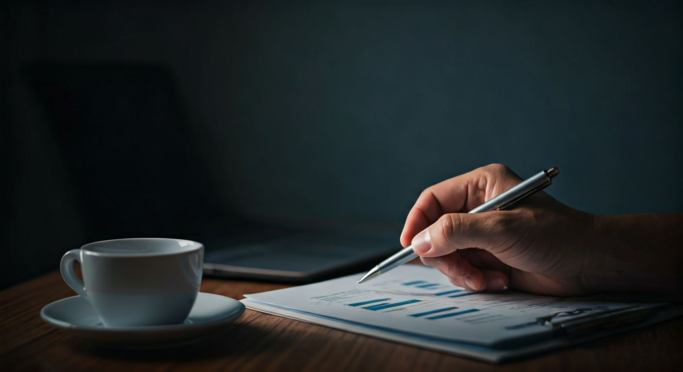 Person reviewing financial report with coffee cup nearby.